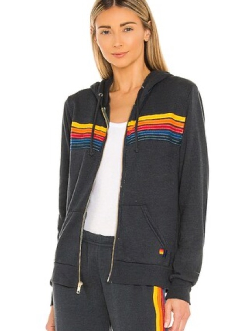 Aviator Nation 5 Stripe Charcoal Hoodie Full Zip Sweatshirt Women's Size Medium